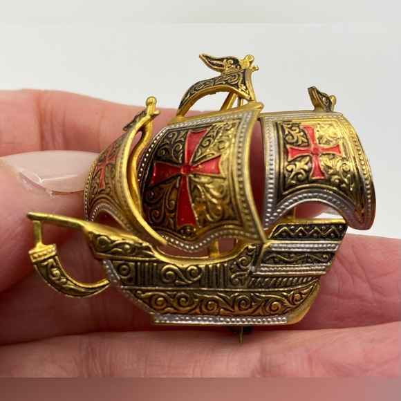 Damascene Ship Brooch marked Spain - Picture 4 of 7